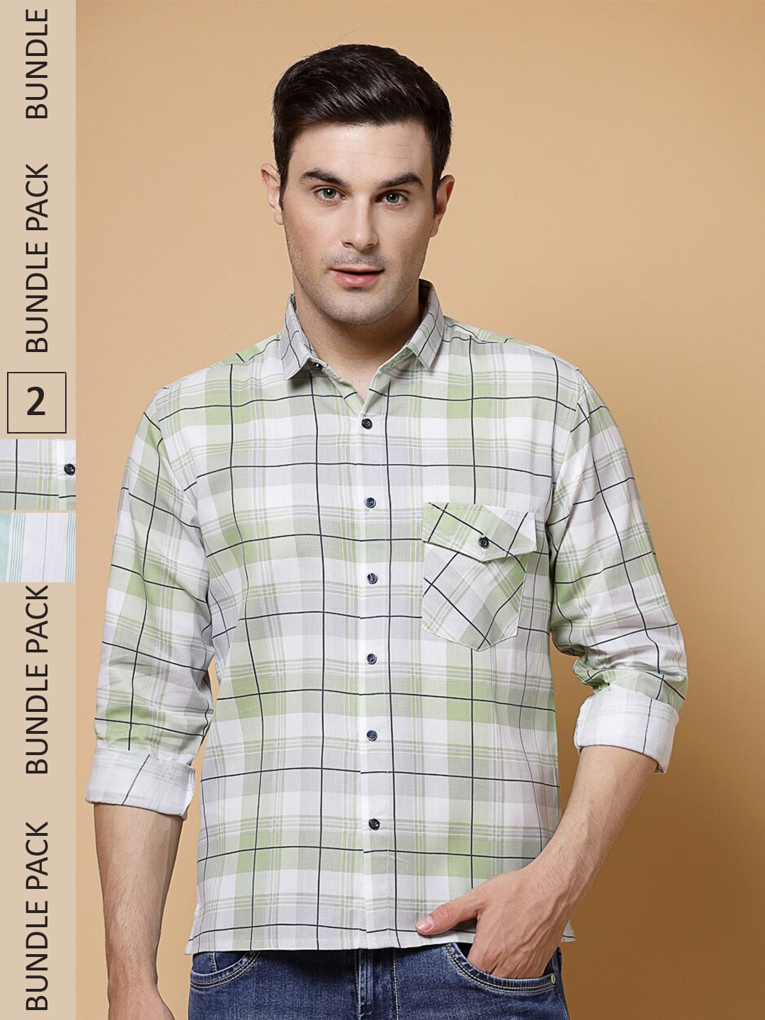 

ADWYN PETER Pack Of 2 Tartan Checked Opaque Casual Cotton Shirt, Green