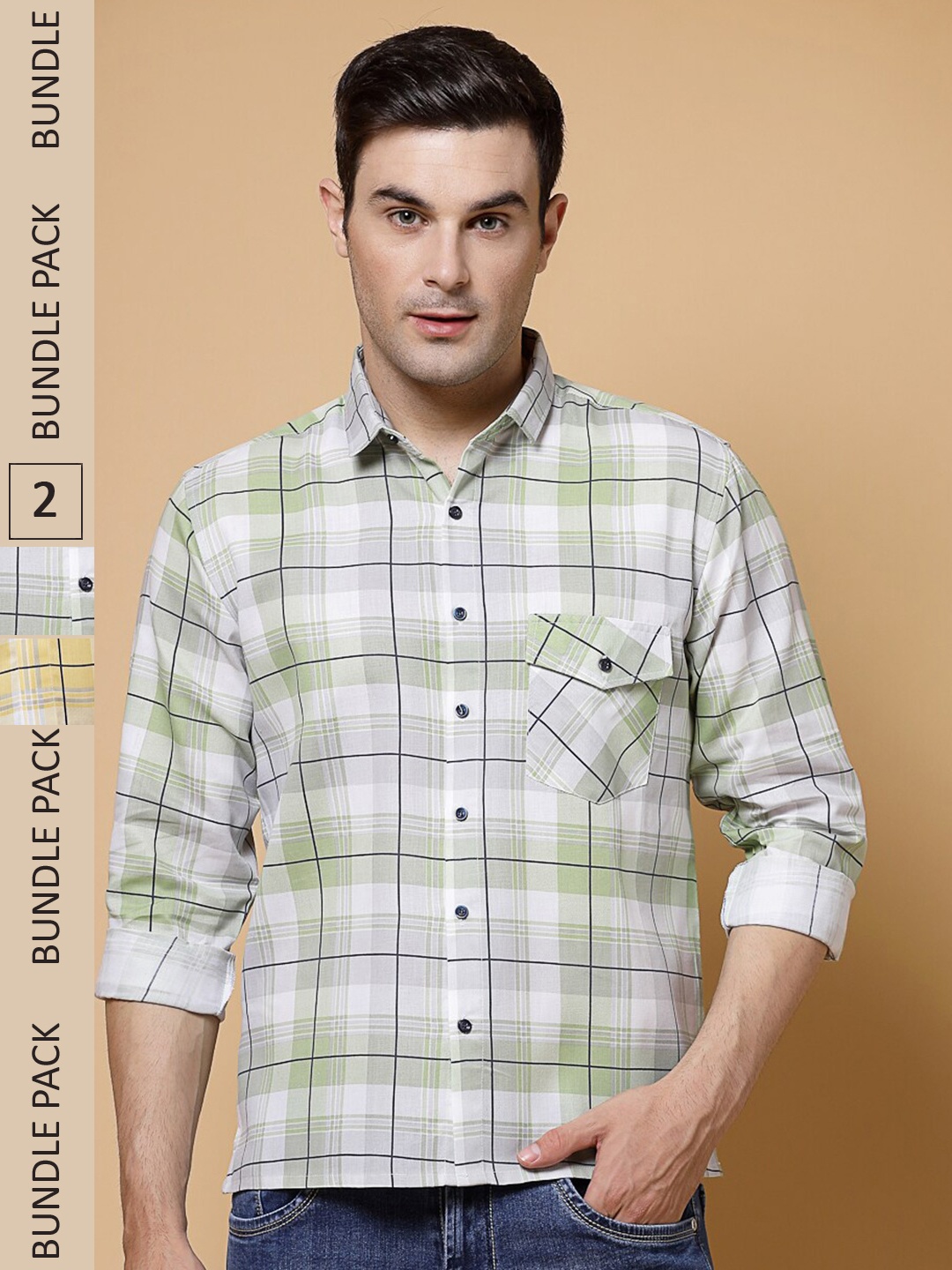 

ADWYN PETER Pack Of 2 Tartan Checked Opaque Casual Cotton Shirt, Green