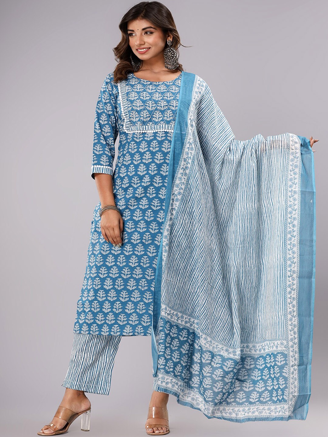 

gvs shoppe Ethnic Motifs Printed Pure Cotton Kurta with Trousers & With Dupatta, Blue