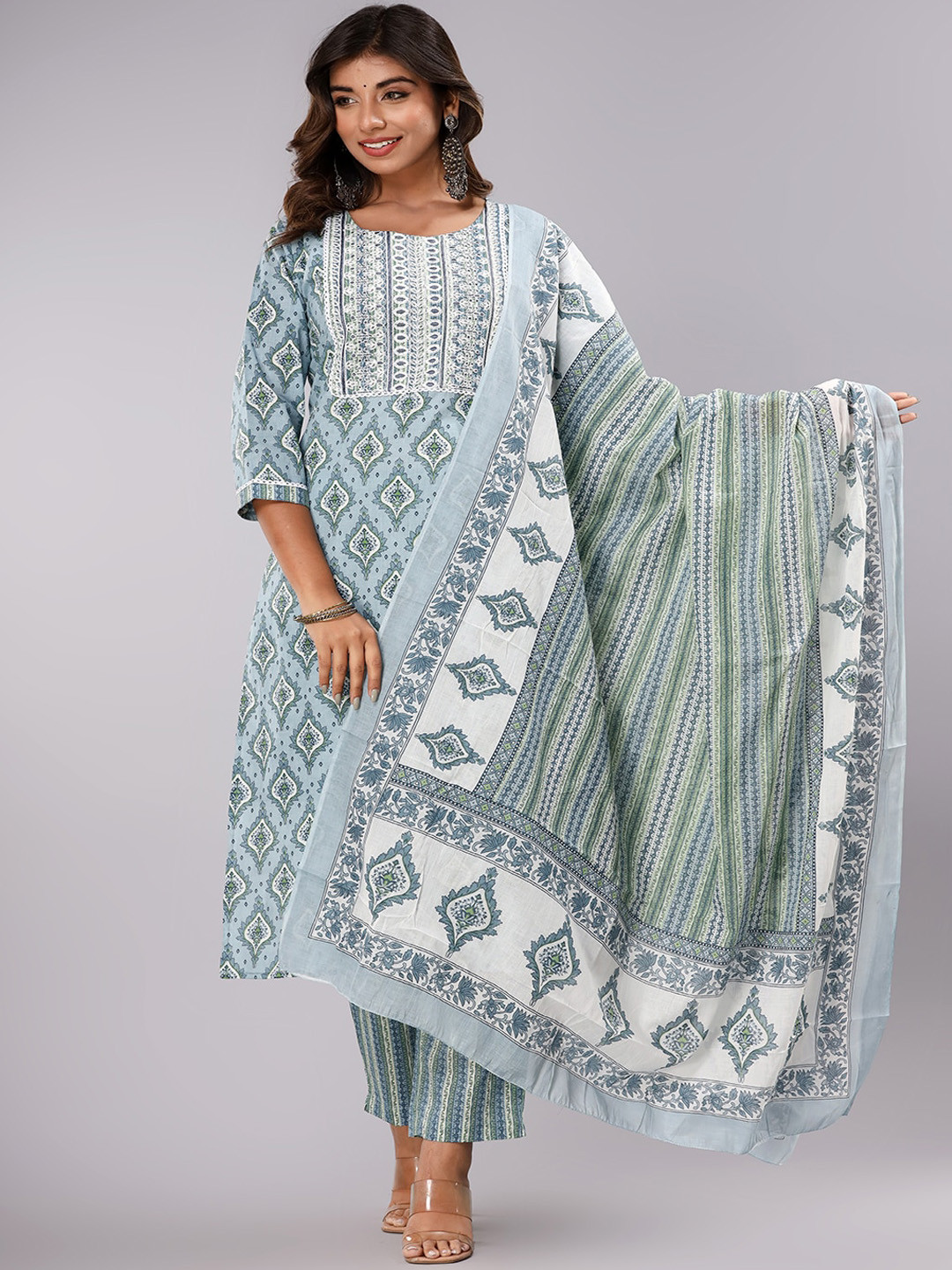 

gvs shoppe Ethnic Motifs Printed Regular Pure Cotton Kurta with Trousers & Dupatta, Blue