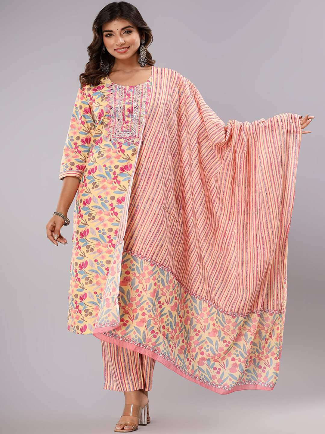 

gvs shoppe Floral Printed Mirror Work Pure Cotton Kurta With Trousers & Dupatta, Peach