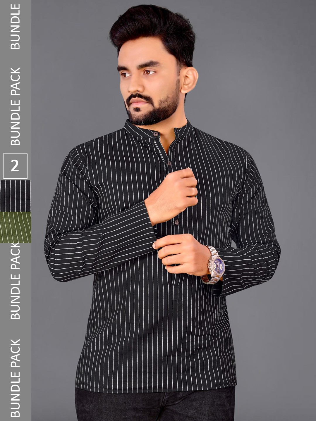 

ADWYN PETER Pack Of 2 Striped Band Collar Cotton Short Kurtas, Black