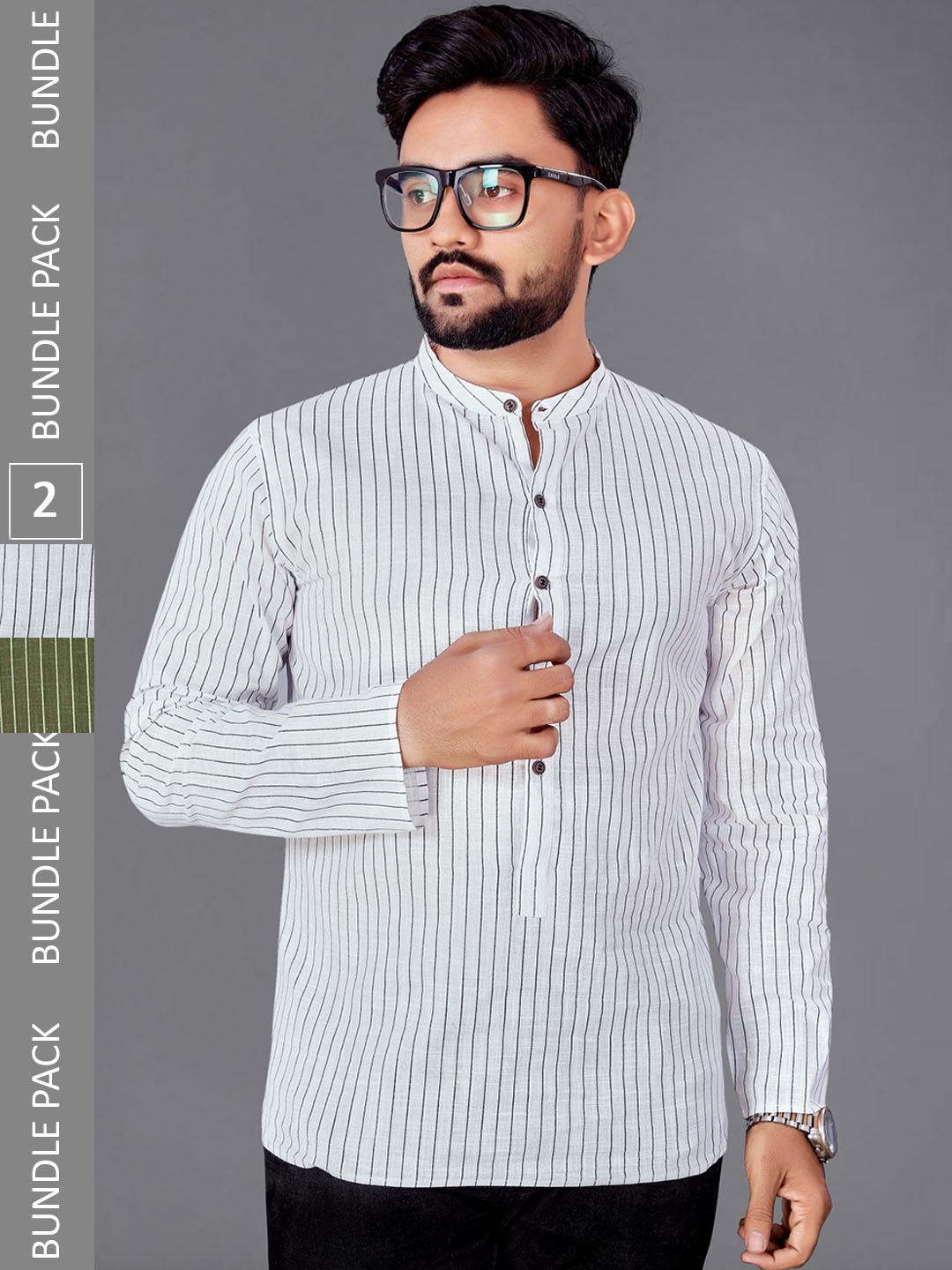 

ADWYN PETER Pack Of 2 Striped Band Collar Cotton Short Kurtas, White