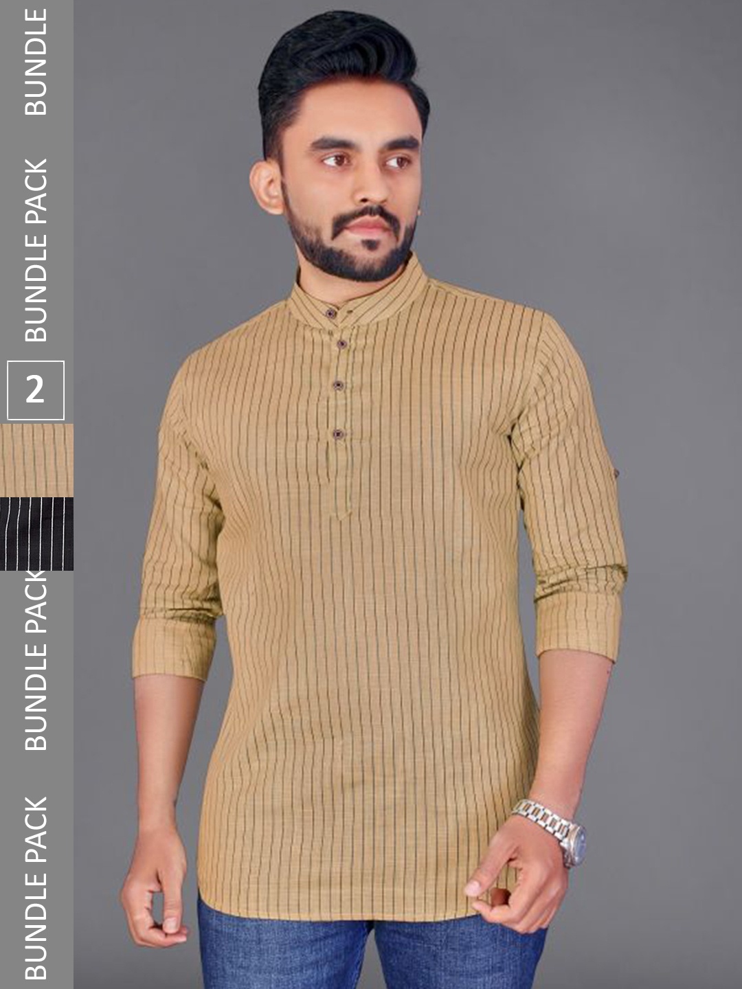 ADWYN PETER Pack Of 2 Striped Cotton Kurta, Beige