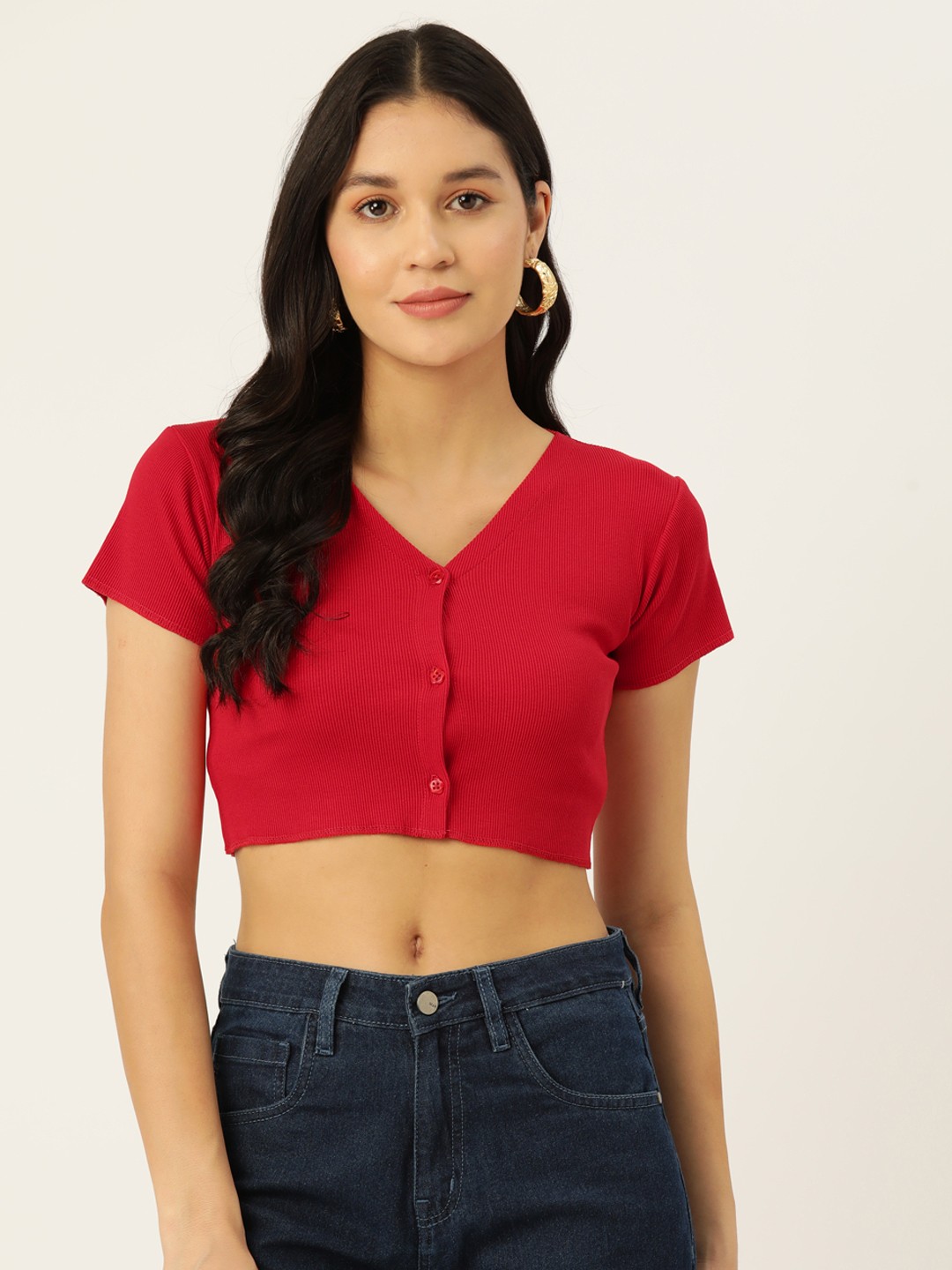 

Malachi Cotton Shirt Style Crop Top, Red