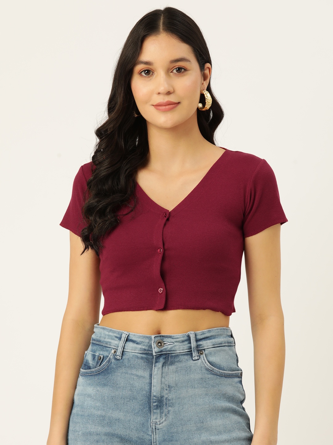 

Malachi Cotton Shirt Style Crop Top, Maroon