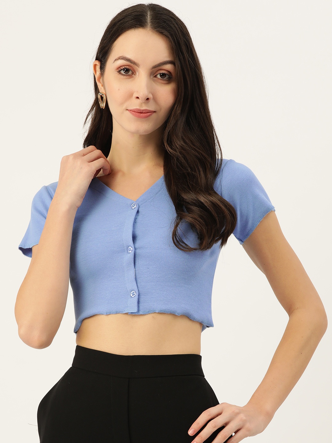 

Malachi Cotton Shirt Style Crop Top, Blue