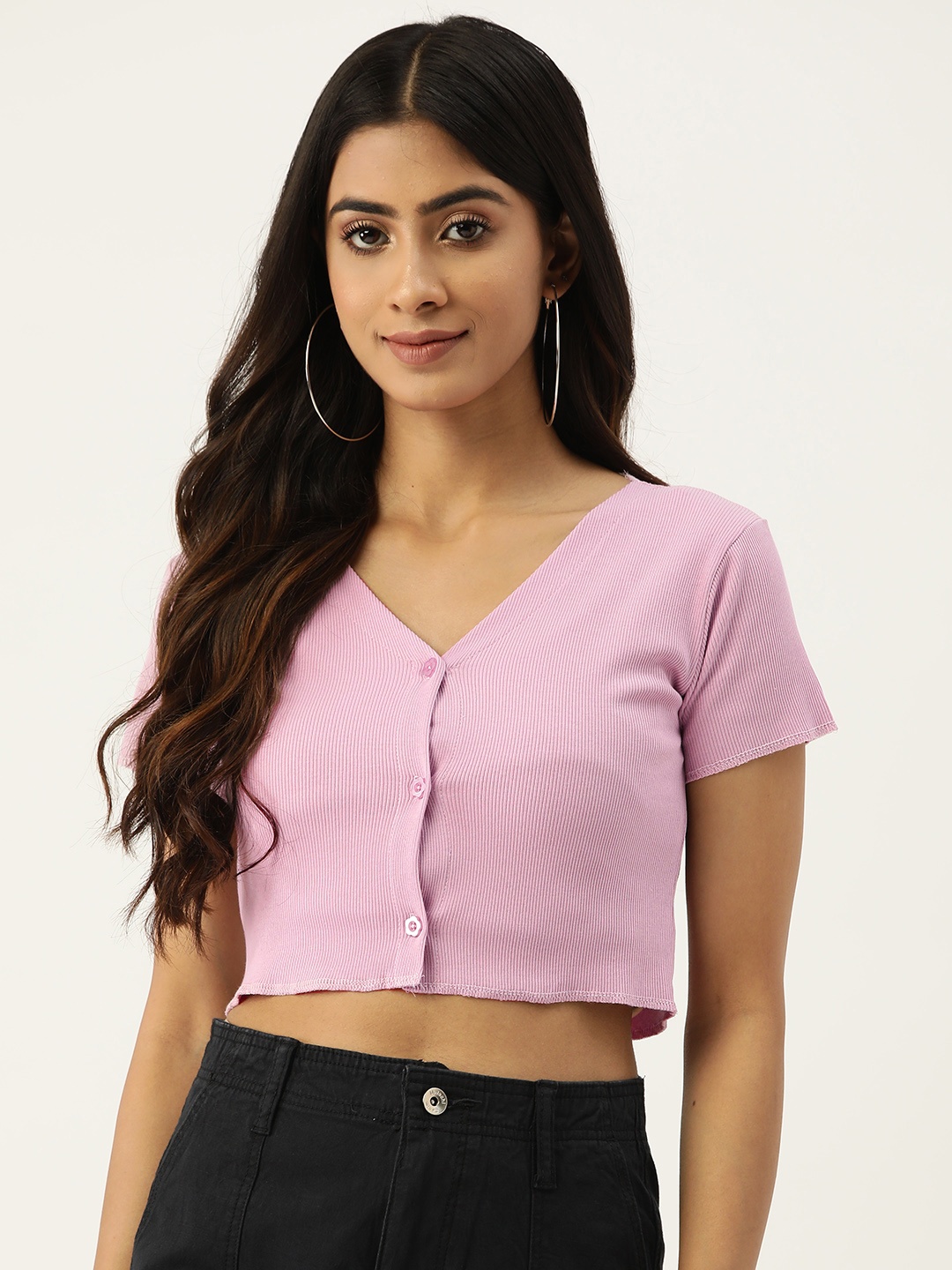 

Malachi Solid Cotton Ribbed Crop Top, Lavender