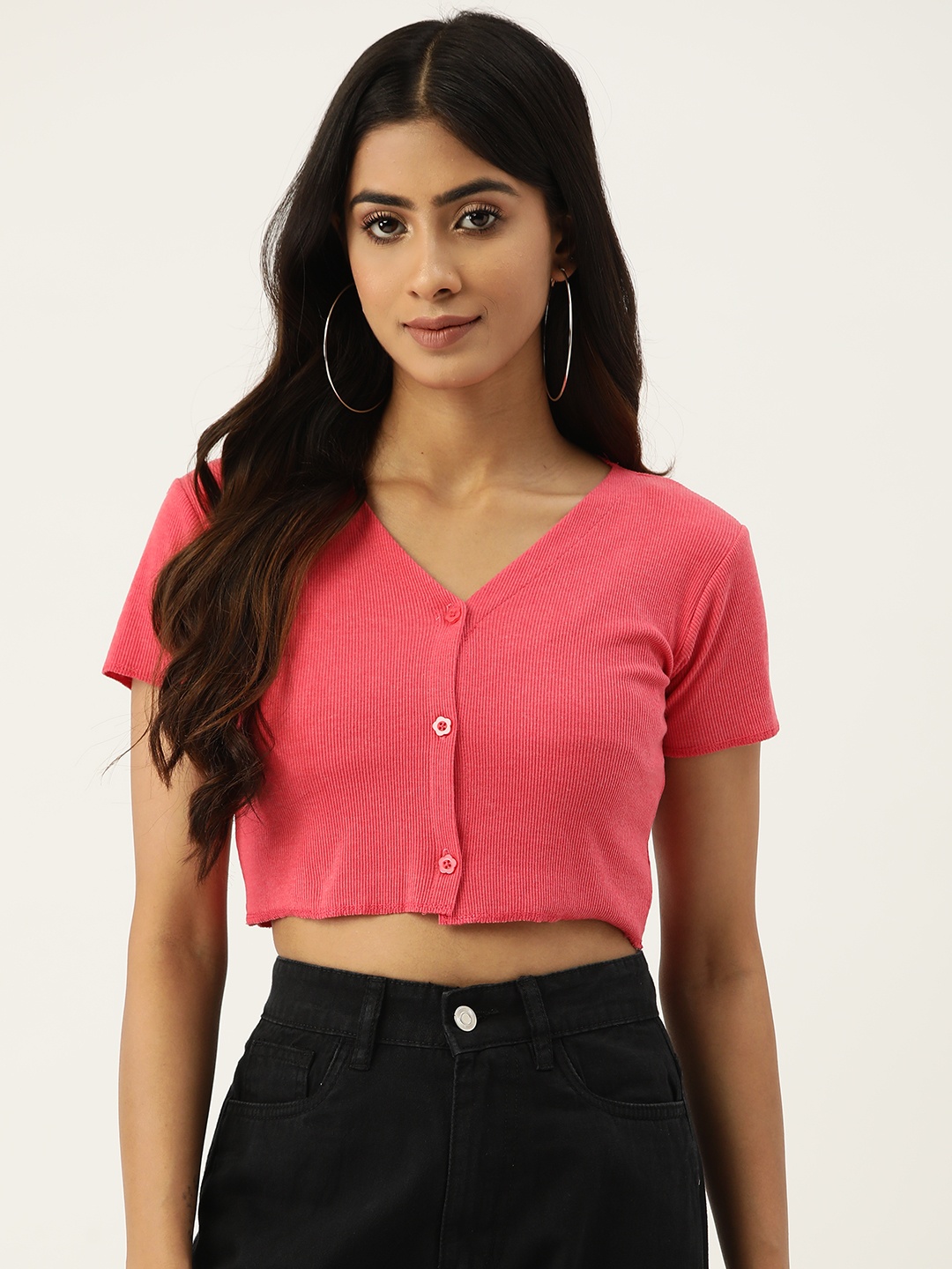 

Malachi Solid Cotton Ribbed Crop Top, Coral