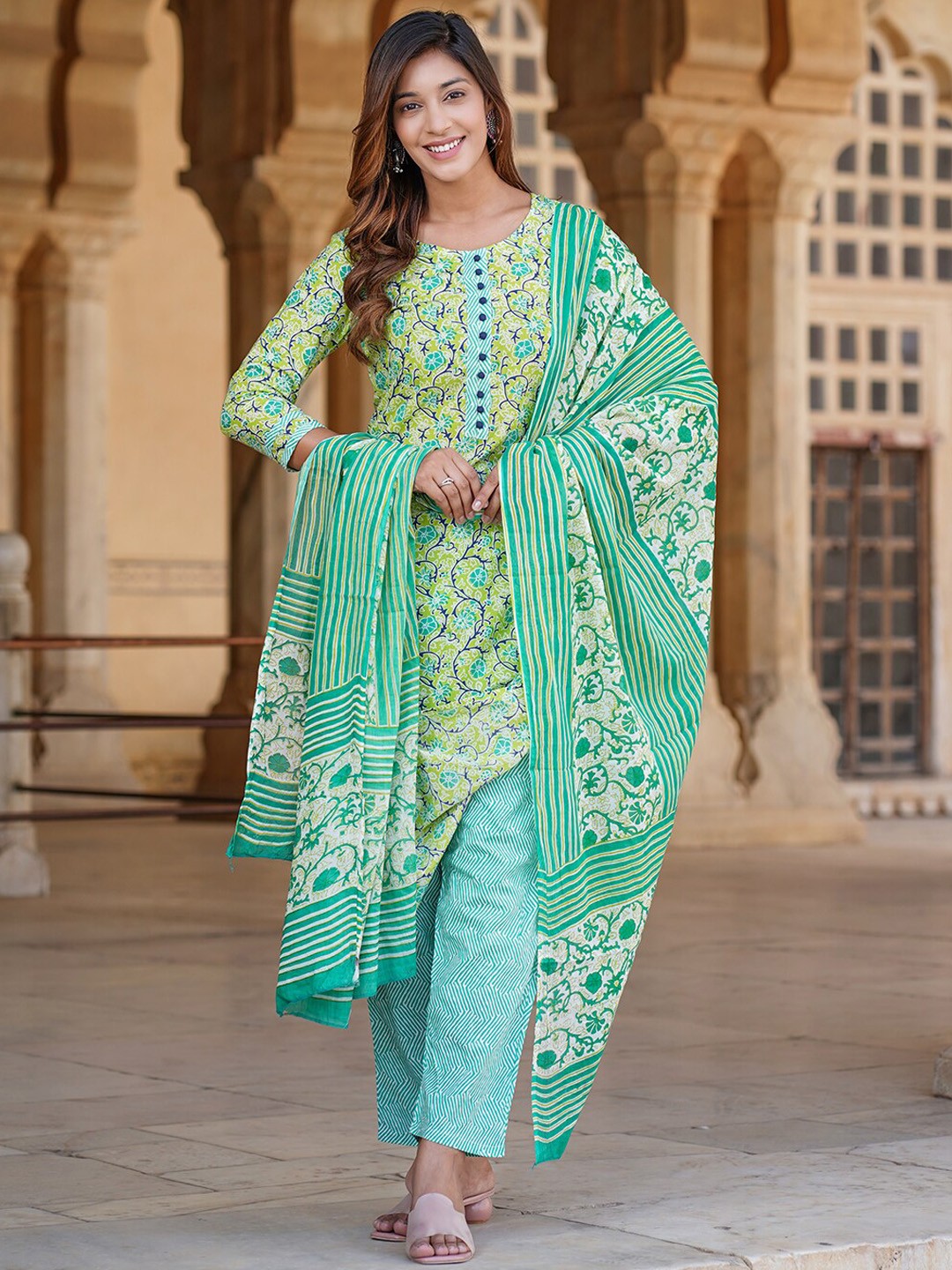 

KALINI Floral Printed Pure Cotton Kurta & Trousers With Dupatta, Green