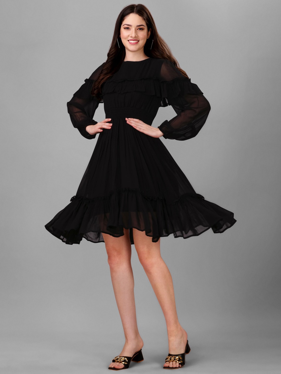 

Masakali.Co Puff Sleeve Georgette Fit & Flare Dress, Black