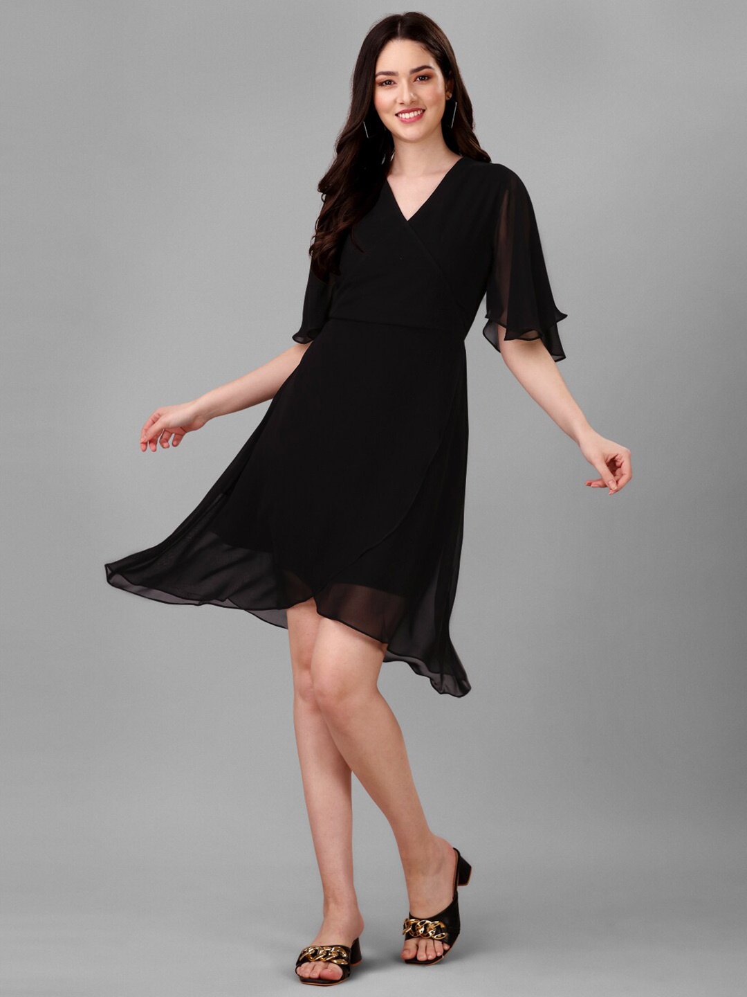 

Masakali.Co V-Neck Flared Sleeves Wrap Dress, Black