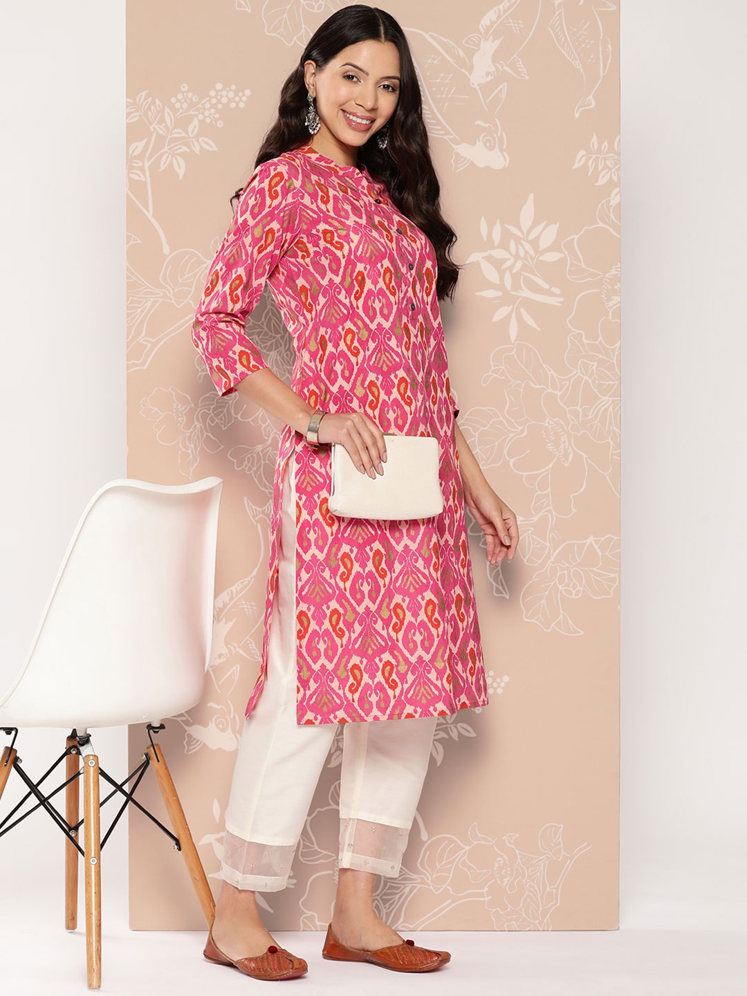 

ZOLA Paisley Printed Ikat Mandarin Collar Kurta, Pink