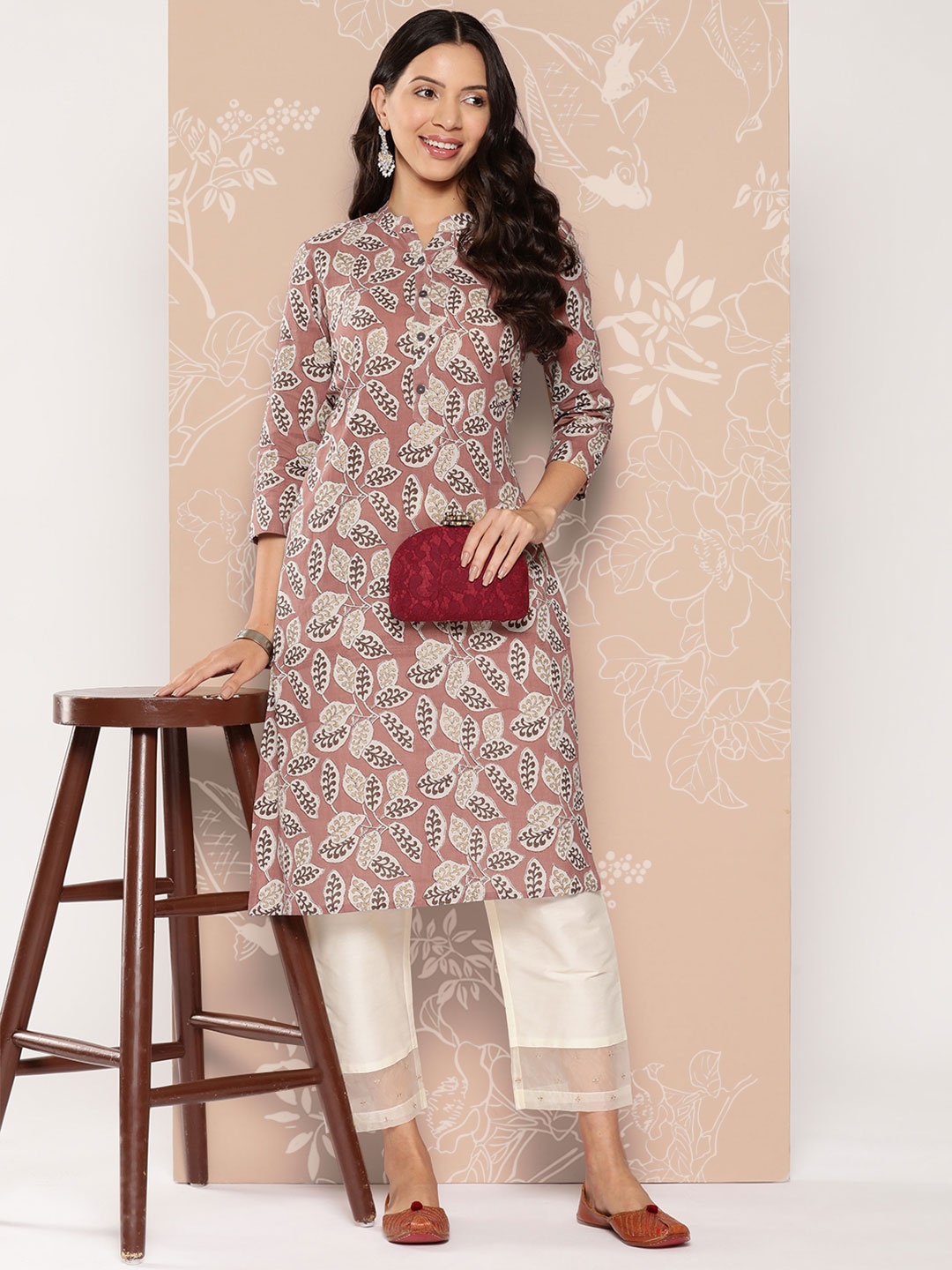 

ZOLA Floral Printed Mandarin Collar Kurta, Pink