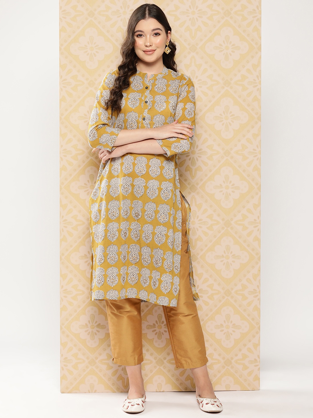 

ZOLA Ethnic Motifs Printed Mandarin Collar Block Print Kurta, Mustard