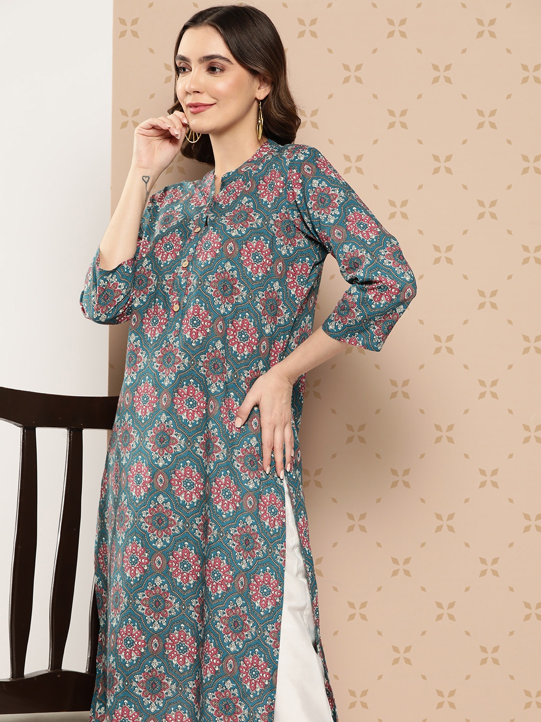 

ZOLA Ethnic Motifs Printed Mandarin Collar Kurta, Teal