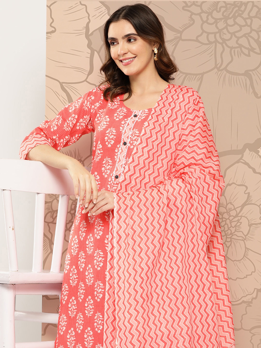 

ZOLA Floral Embroidered Batik Kantha Work Pure Cotton Kurta With Trousers & Dupatta, Peach