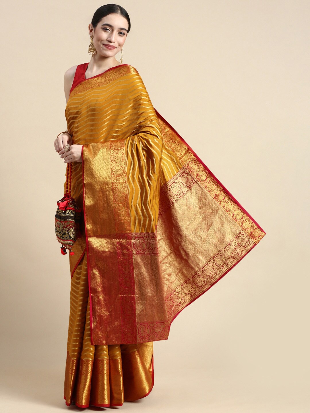 

AVANTIKA FASHION Chevron Woven Design Zari Pure Silk Kanjeevaram Saree, Yellow