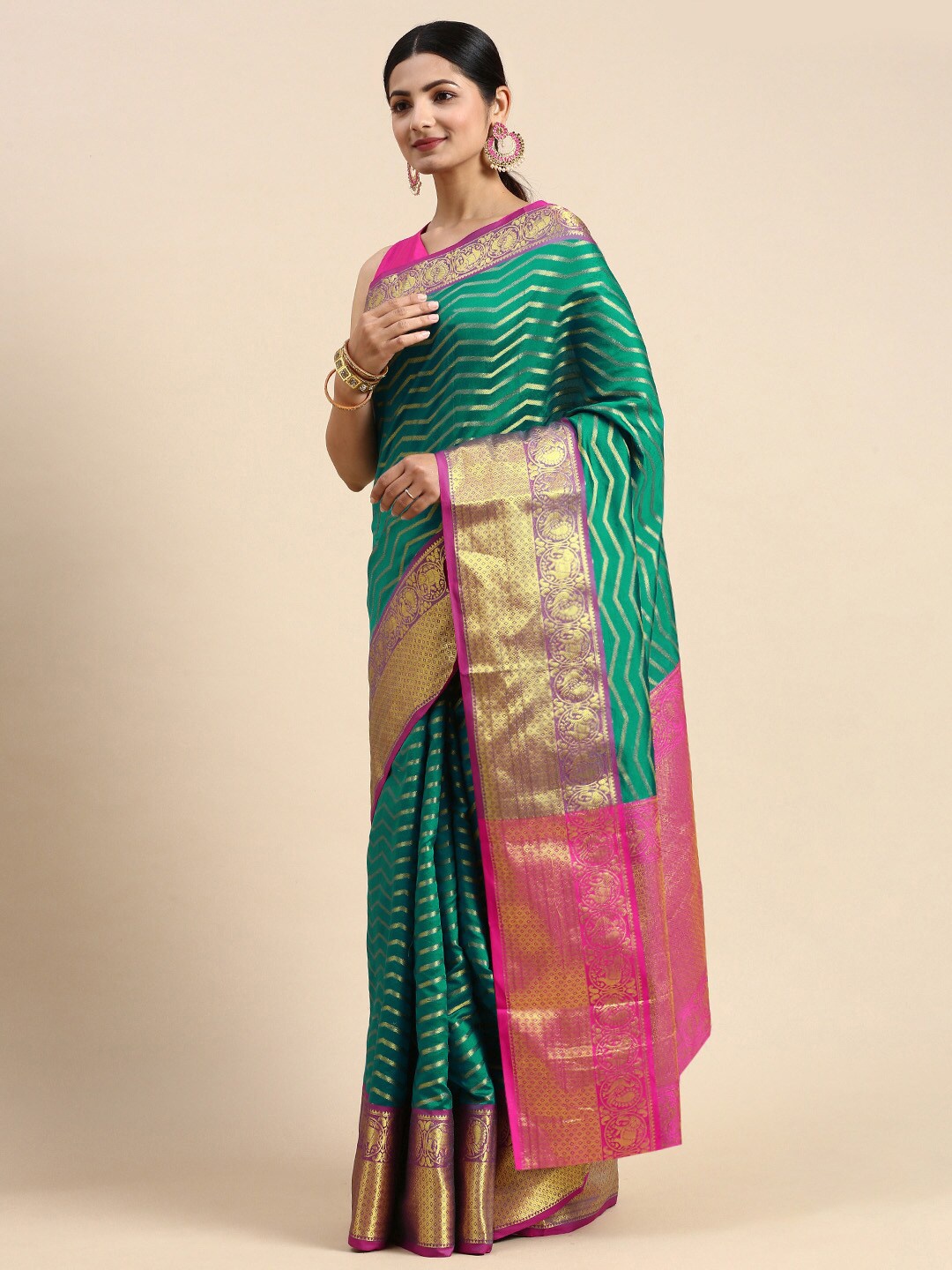 

AVANTIKA FASHION Chevron Woven Design Zari Pure Silk Kanjeevaram Saree, Sea green