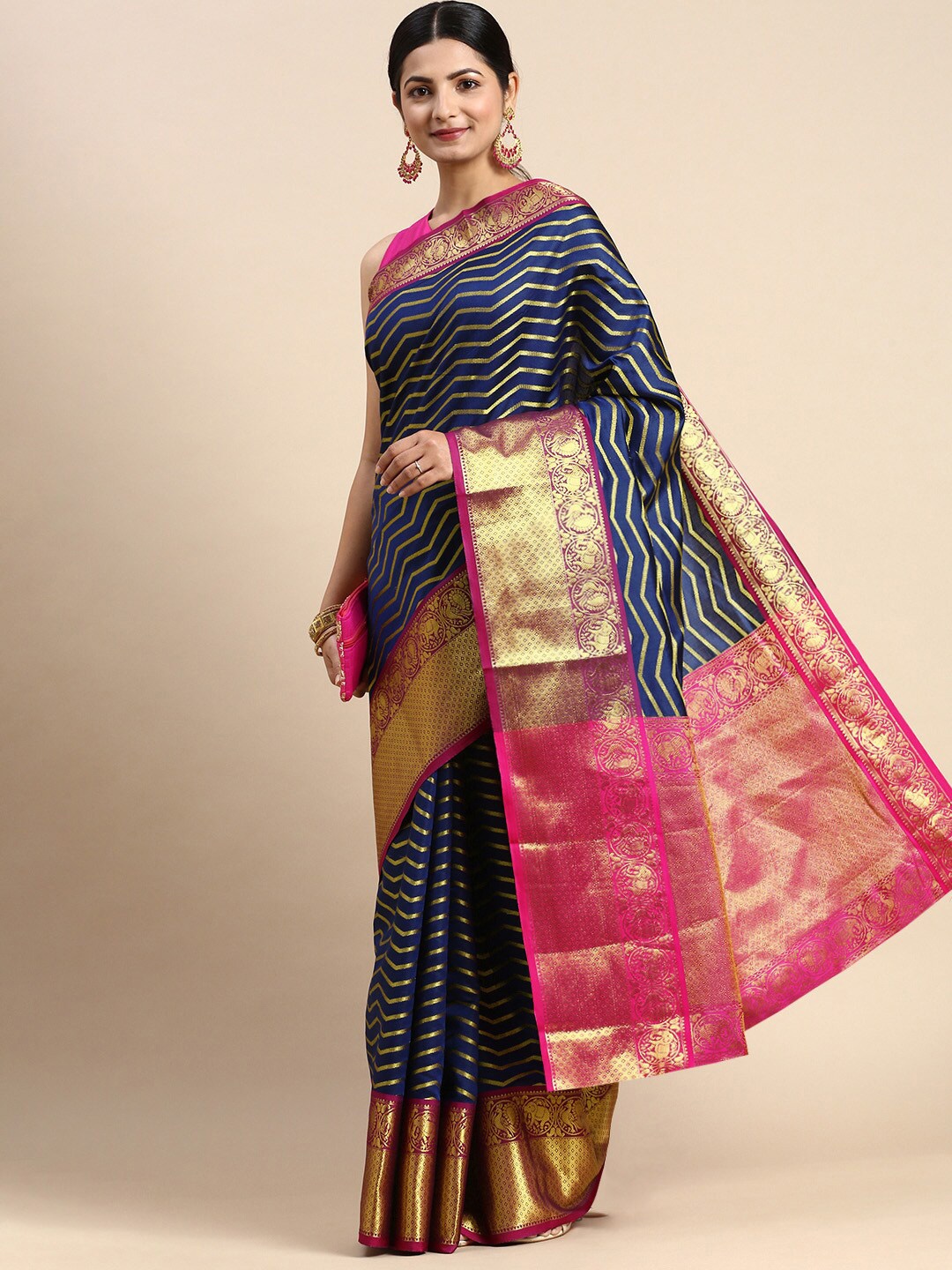 

AVANTIKA FASHION Chevron Woven Design Zari Pure Silk Kanjeevaram Saree, Navy blue