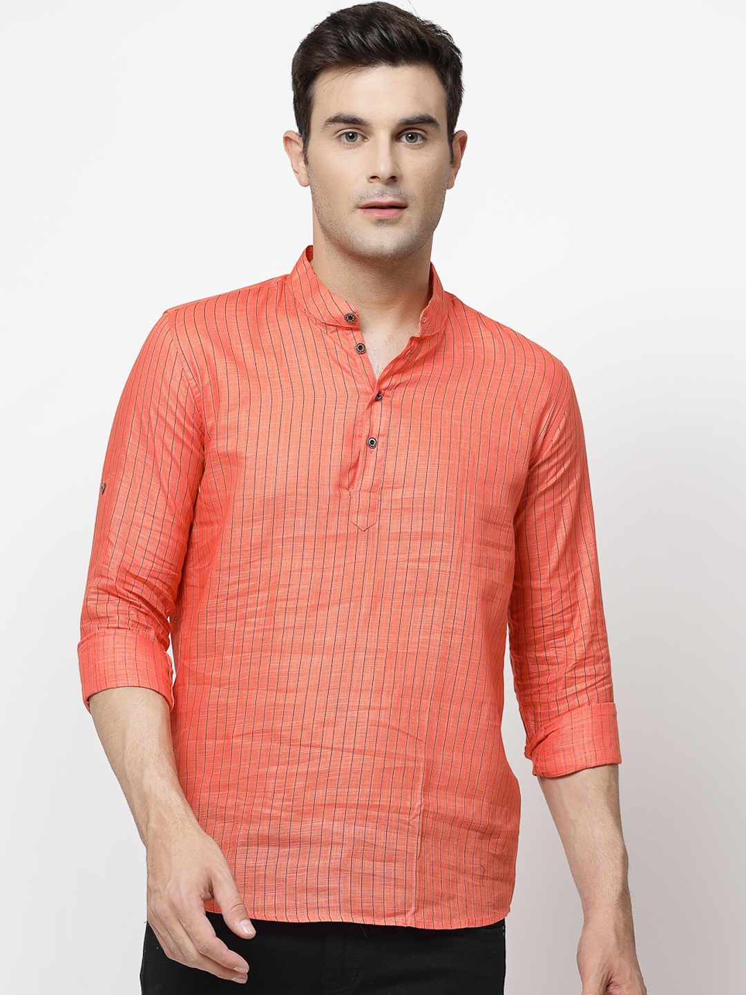 

ADWYN PETER Mandarin Collar Striped Kurta, Peach
