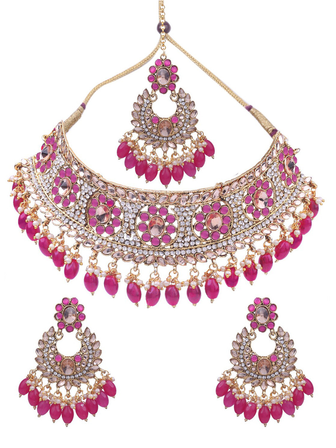 

AASHISH IMITATION Gold-Plated Stone Studded Choker With Earrnings & Maang Tikka Set