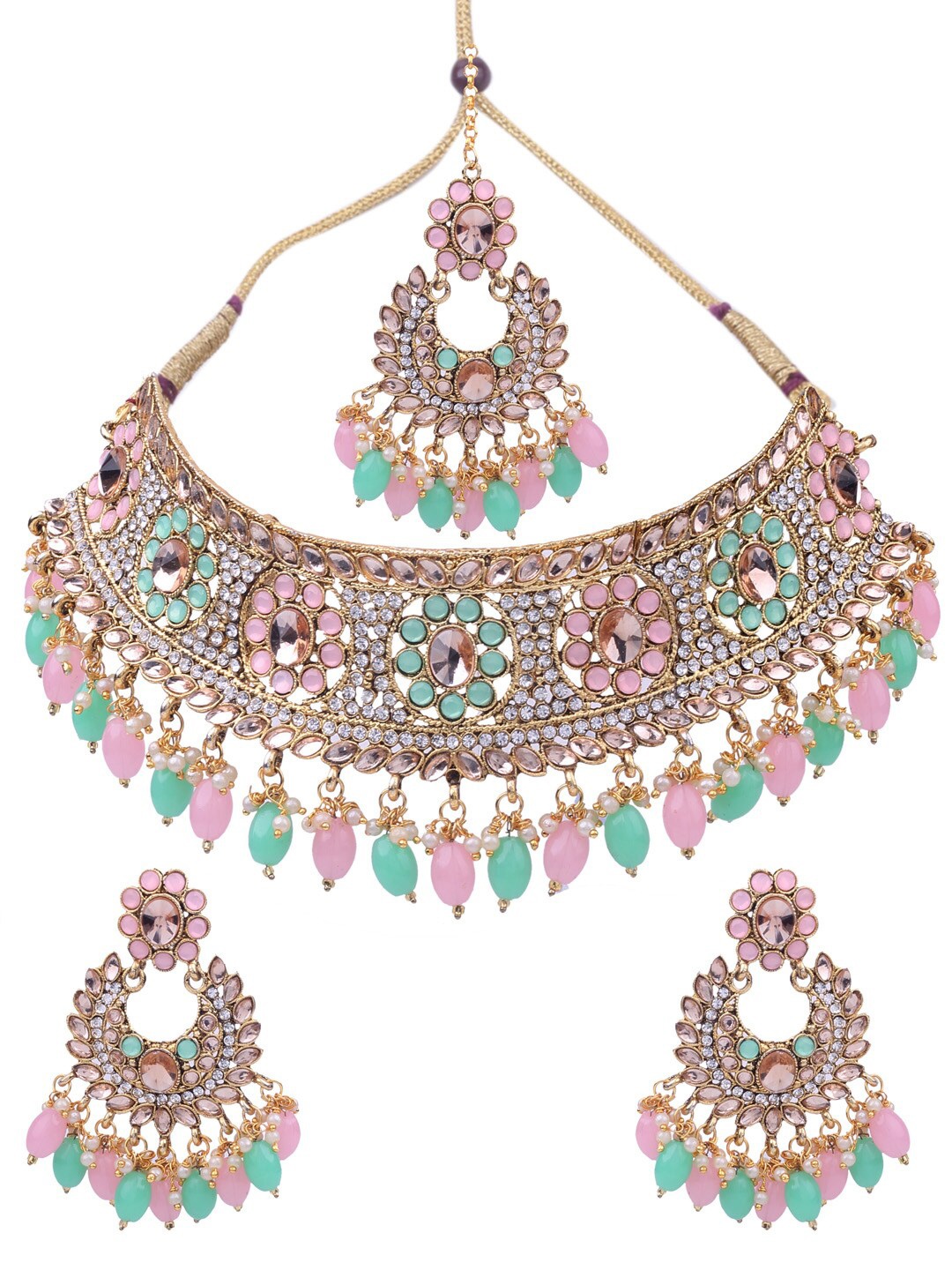 

AASHISH IMITATION Gold-Plated Stone Studded Choker With Earrnings & Maang Tikka Set