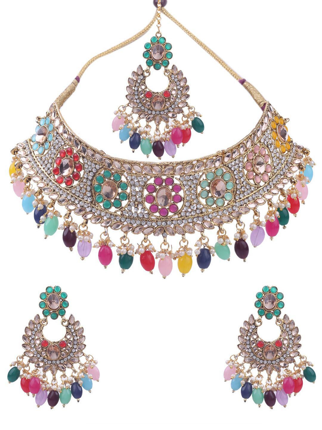 

AASHISH IMITATION Gold-Plated Stone Studded Choker With Earrnings & Maang Tikka Set