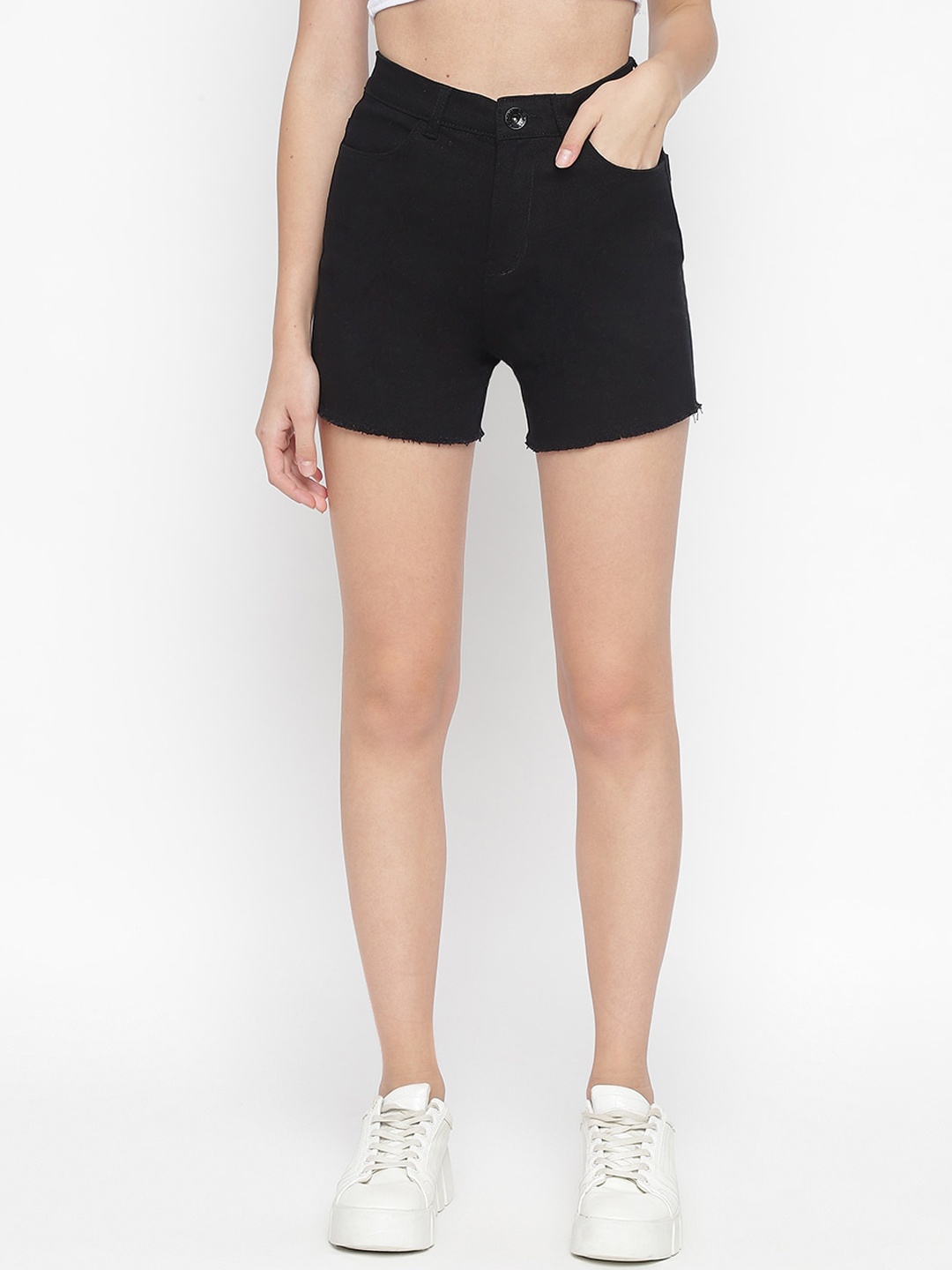 

DUDITI Women Slim Fit High-Rise Denim Shorts, Black
