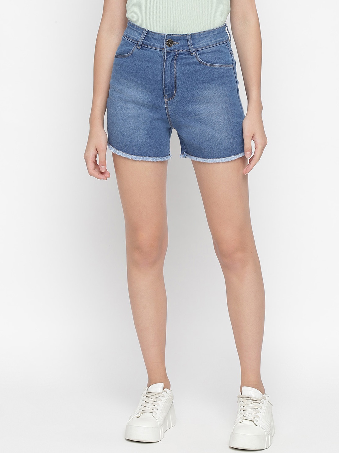 

DUDITI Women Washed Slim Fit High-Rise Denim Shorts, Blue