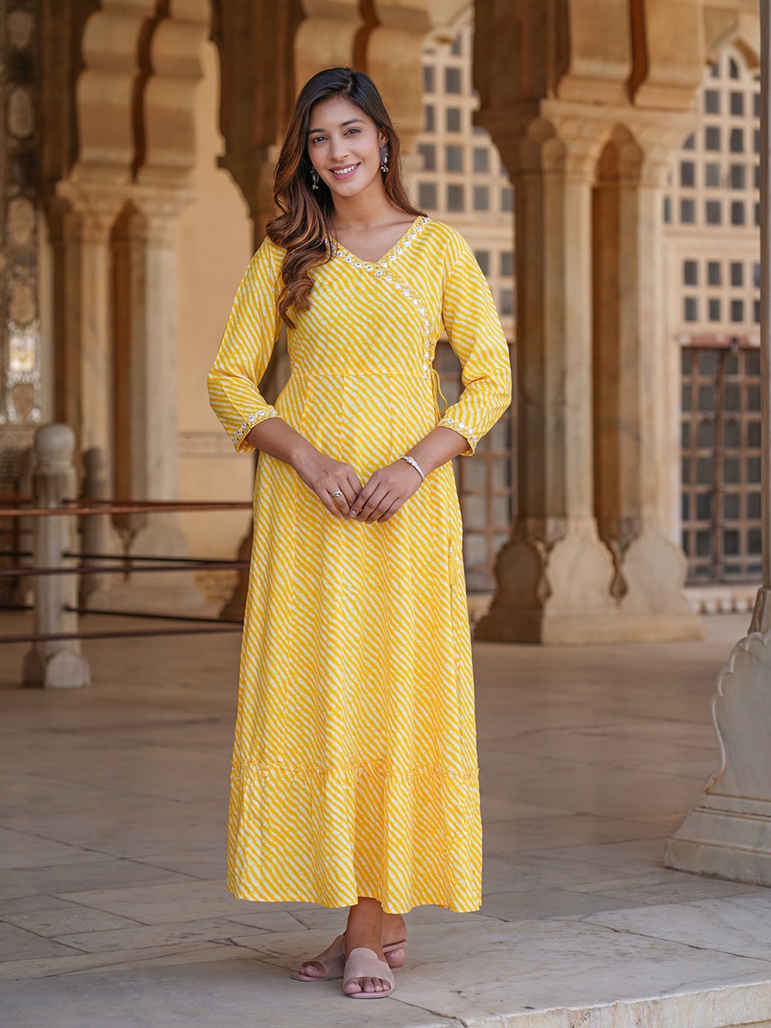 

KALINI Leheriya Print Wrap Midi Dress, Yellow