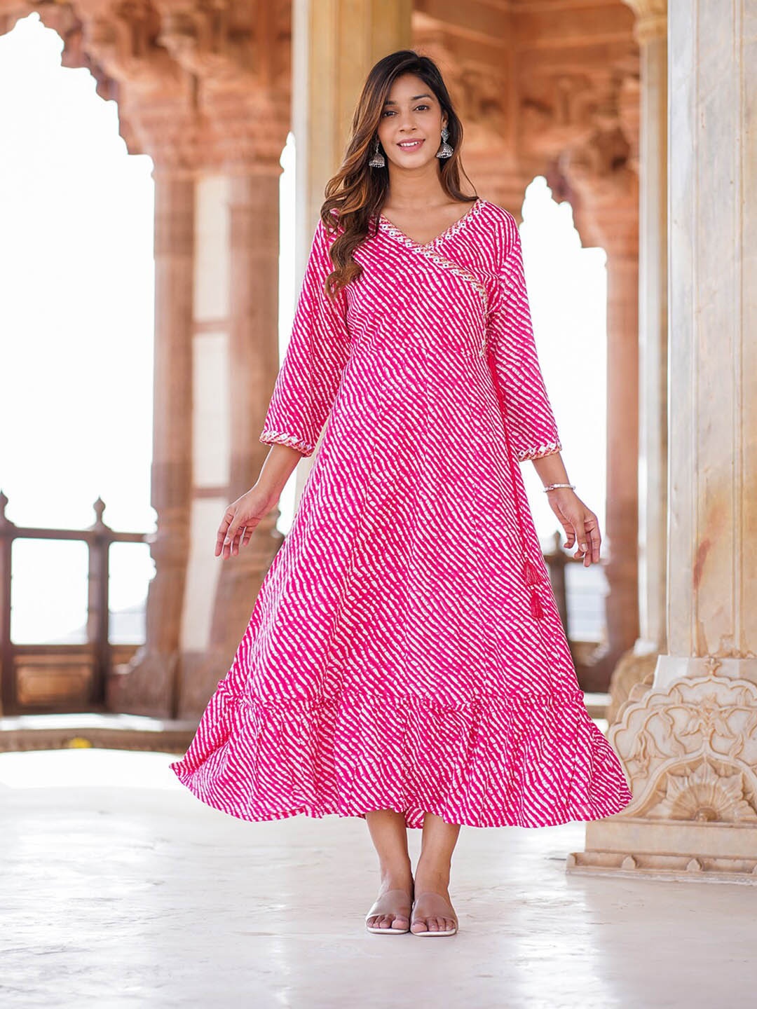 

KALINI Striped Printed V-Neck Regular Sleeves A-Line Midi Ethnic Dress, Pink