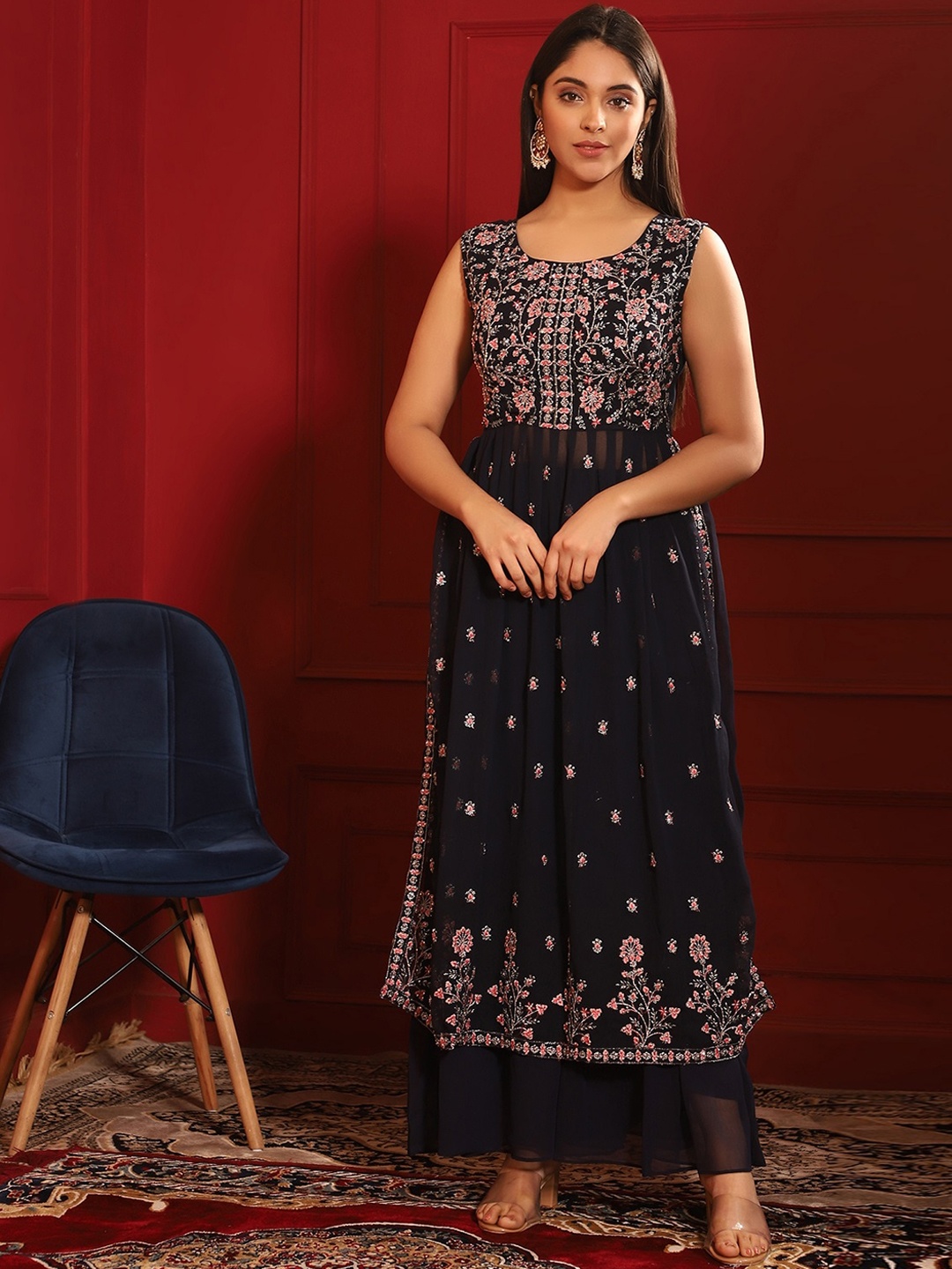 

KALINI Floral Embroidered Pleated Thread Work Kurta with Sharara, Navy blue