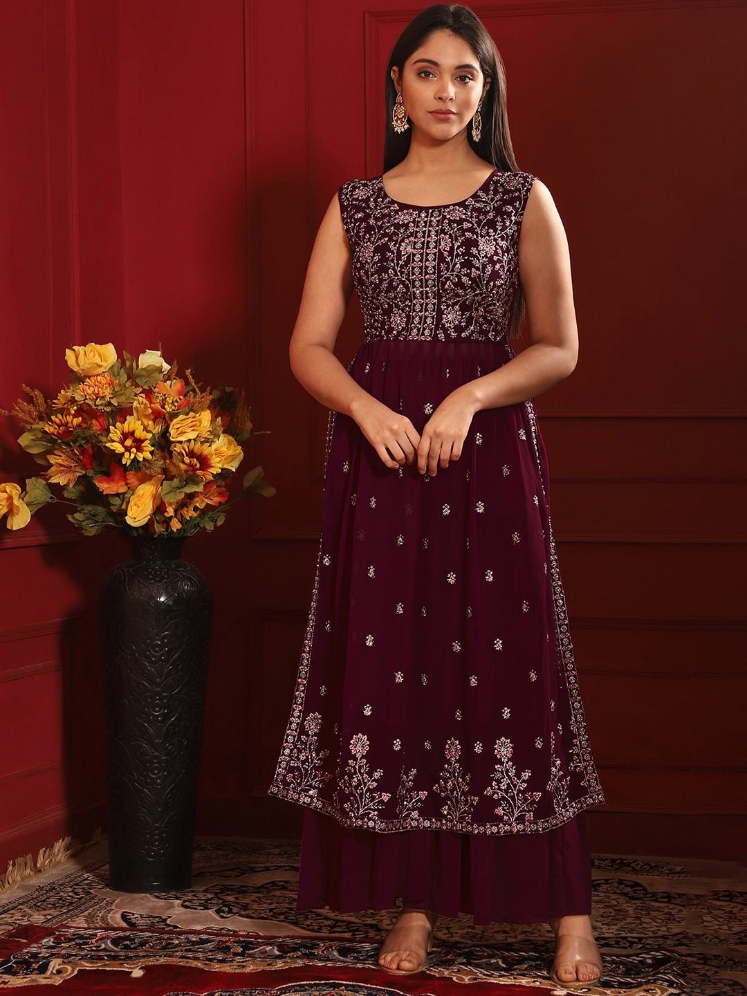 

KALINI Floral Embroidered Sleeveless A-Line Kurta with Sharara, Burgundy