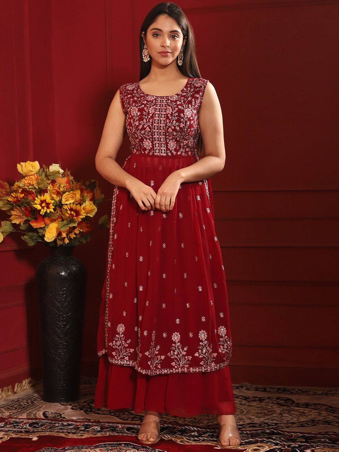 

KALINI Embroidered Pleated Beads and Stones Kurta with Palazzos, Maroon