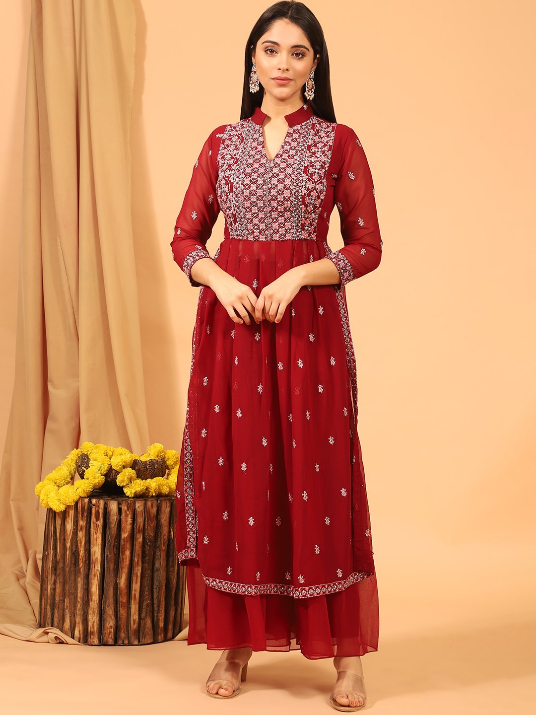 

KALINI Ethnic Motifs Embroidered Thread Work Kurta With Sharara, Maroon