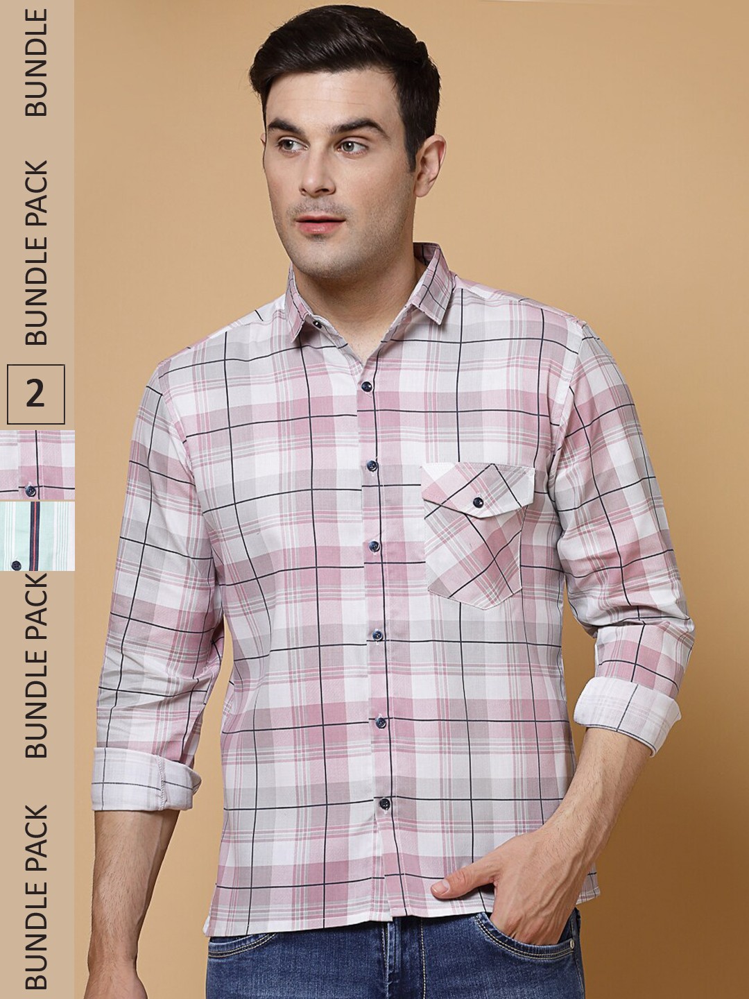 

ADWYN PETER Pack Of 2 Vertical Striped Opaque Casual Cotton Shirt, Green