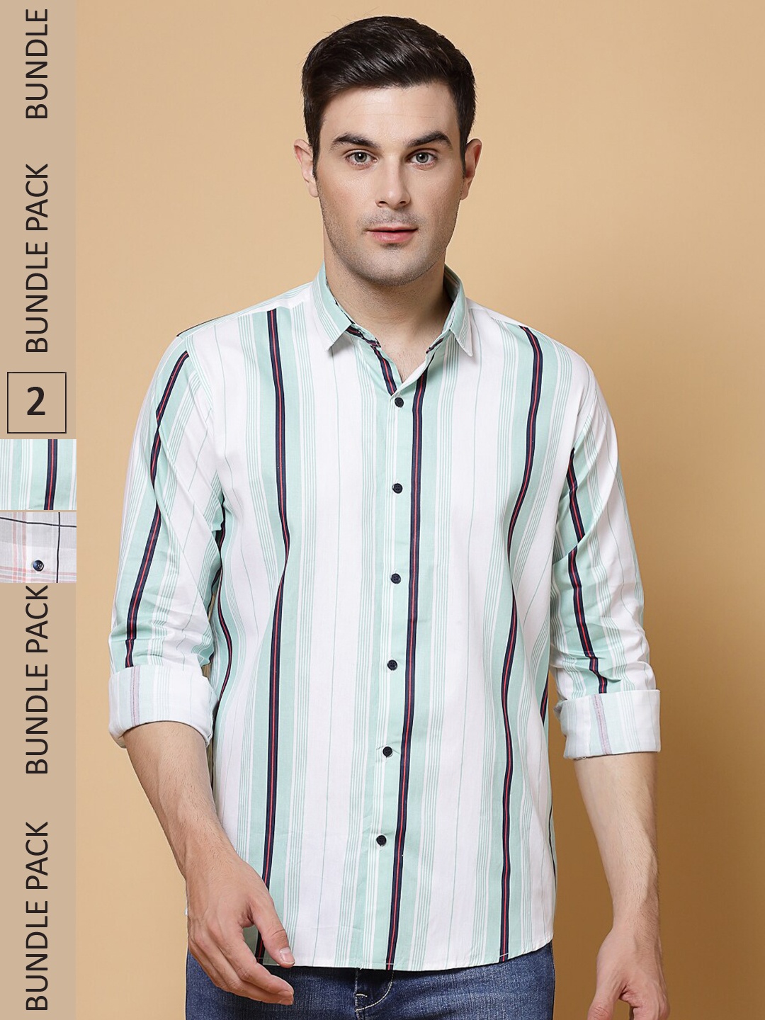 

ADWYN PETER Pack Of 2 Vertical Striped Opaque Casual Cotton Shirt, Green