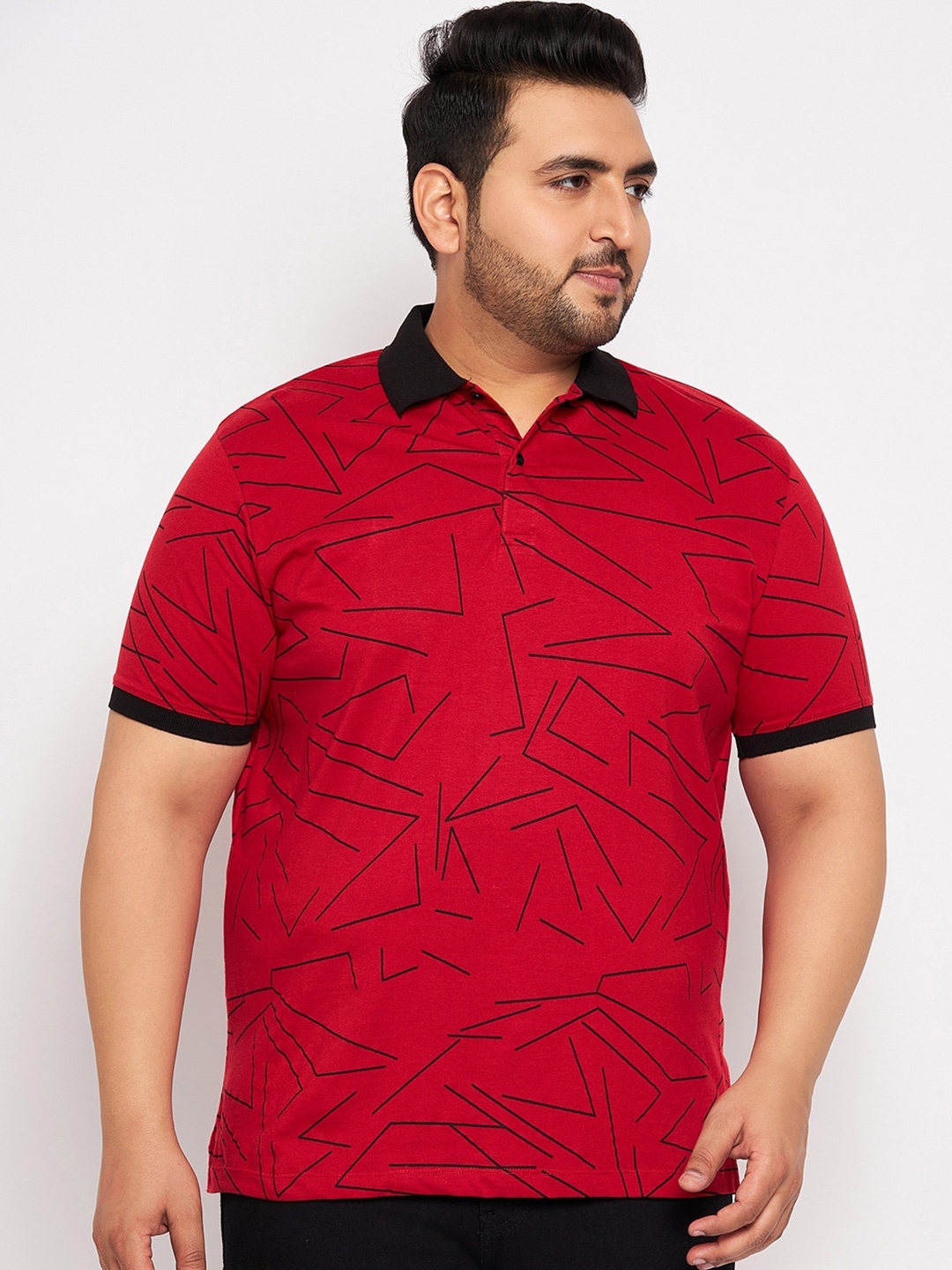 

WILD WEST Plus Size Geometric Printed Polo Collar T-shirt, Red