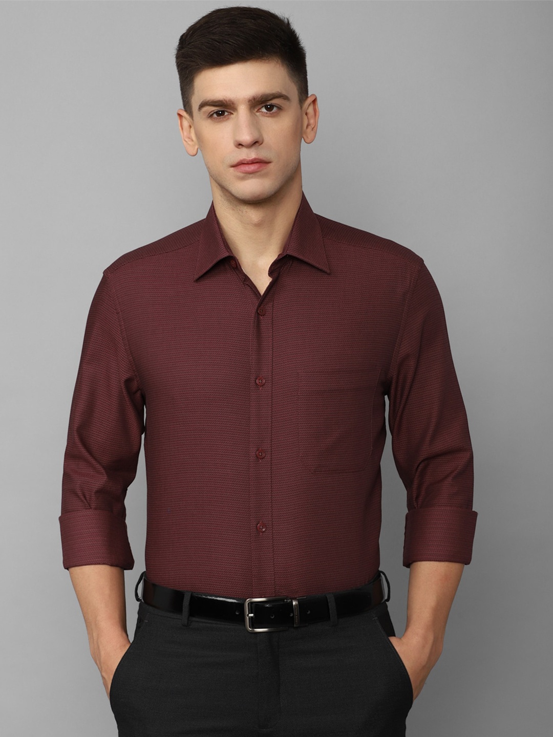 

Louis Philippe Self Design Spread Collar Pure Cotton Slim Fit Formal Shirt, Maroon