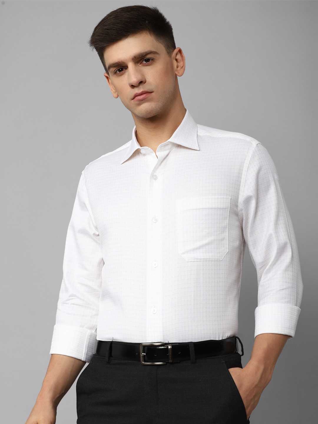 

Louis Philippe Spread Collar Checked Casual Pure Cotton Shirt, White