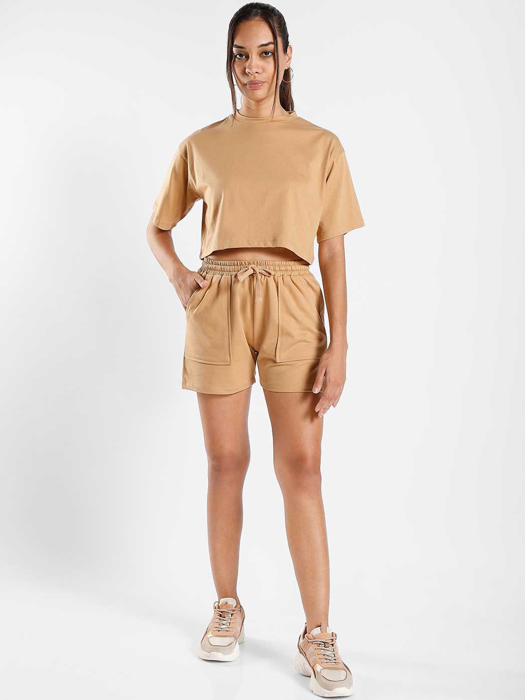 

NOBERO Estelle Round Neck Crop T-shirt With Shorts, Beige