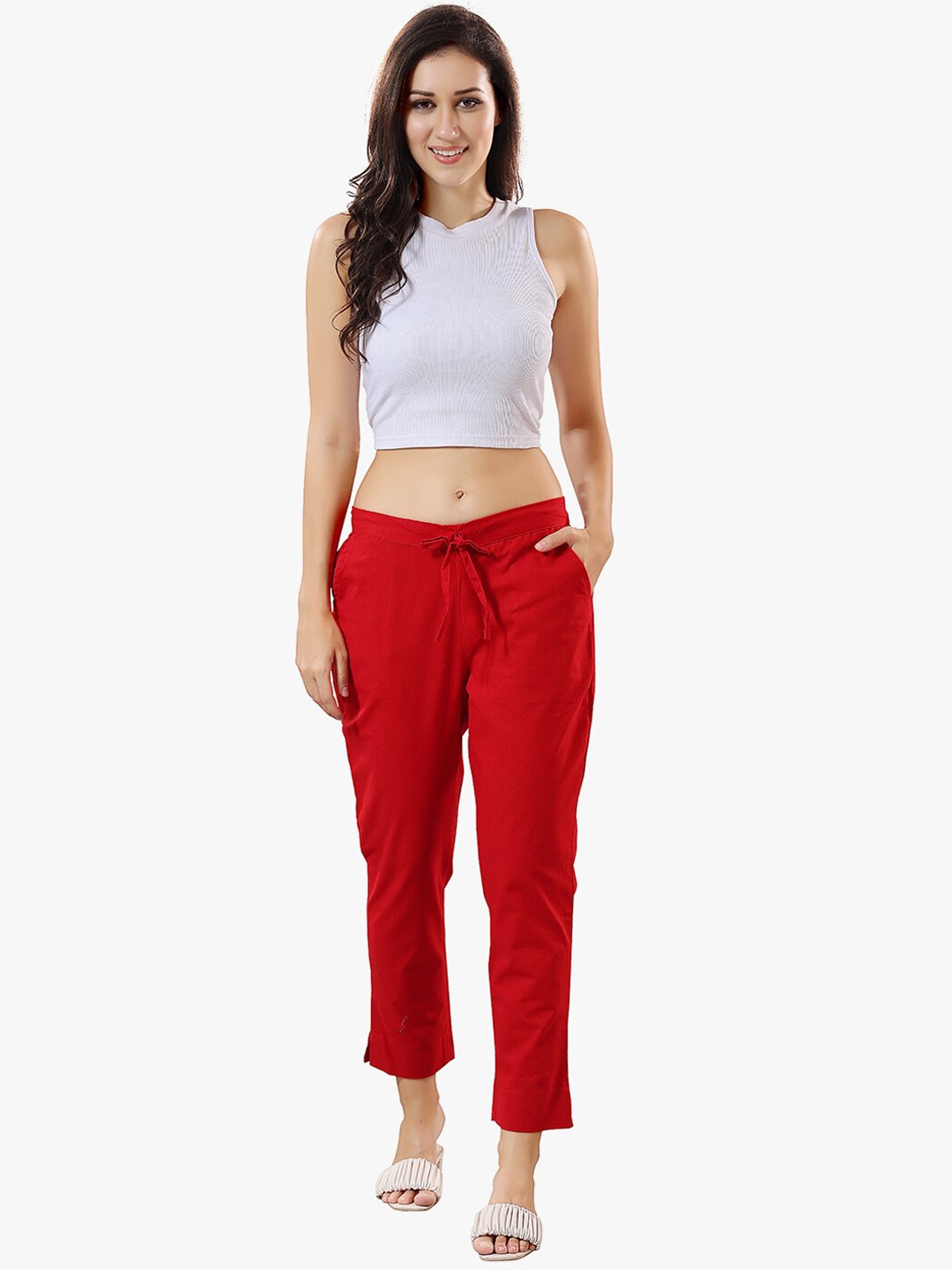 

TRASA Women Relaxed Mid Rise Slim Fit Trousers, Red