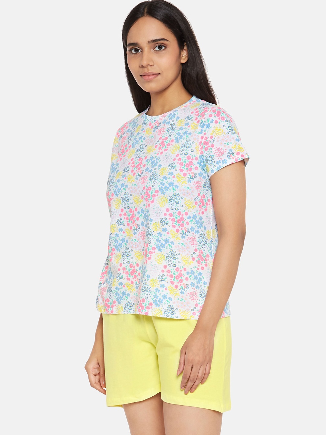 

People Women White & Pink Floral Printed Pure Cotton Night suit