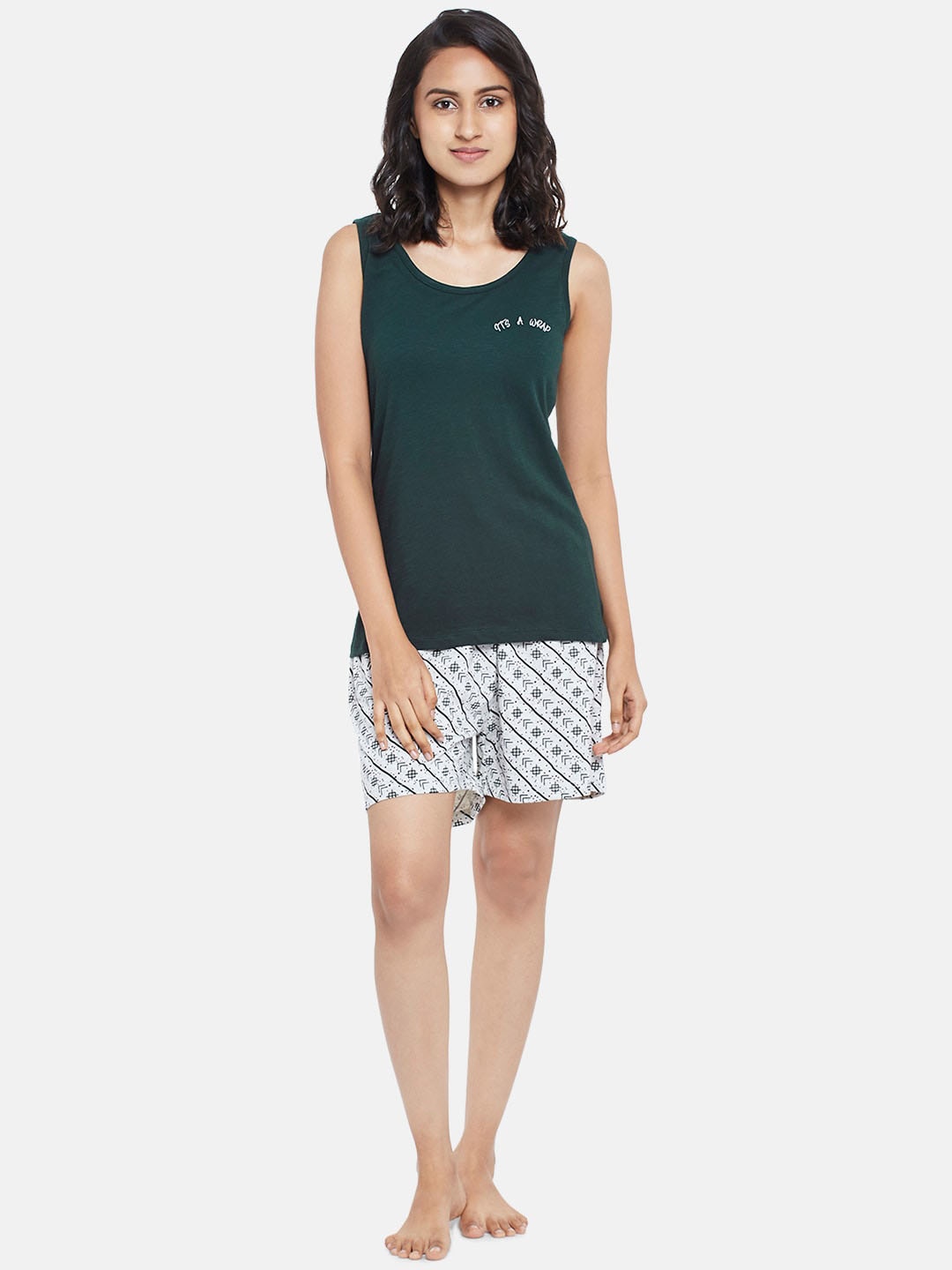 

People Women Green & White Sleeveless Pure Cotton Night suit