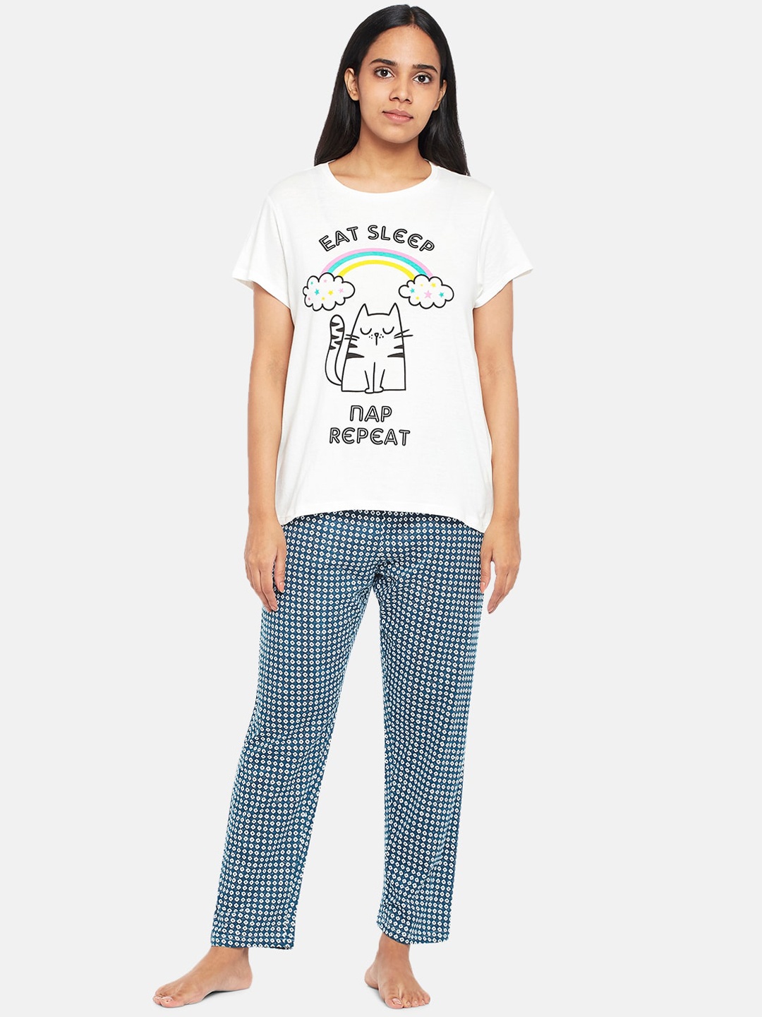 

People Typography Printed Pure Cotton Night suit, Off white