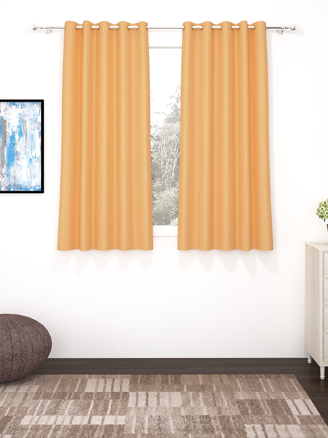 

Story@Home Faux Silk Solid Solid 300GSM Mustard Room Darkening Blackout Window Curtain - Set of 2, Beige