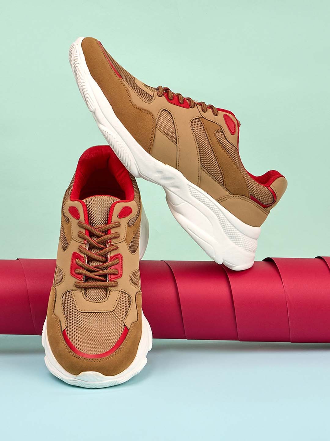 

Styli Men Beige And Red Woven Design Sneakers