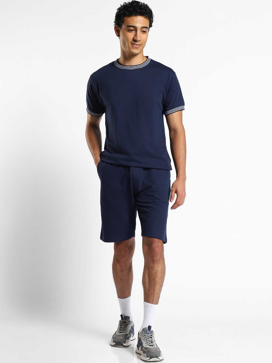 

NOBERO Round Neck T-shirt With Shorts Co-Ords, Navy blue