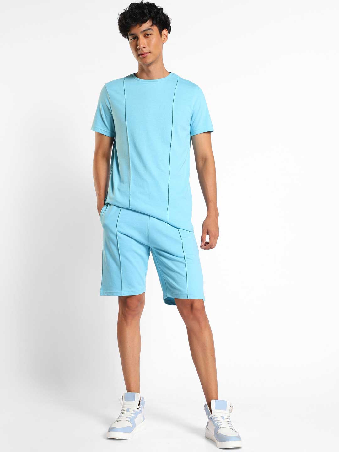 

NOBERO Round Neck T-shirt With Shorts Co-Ords, Blue